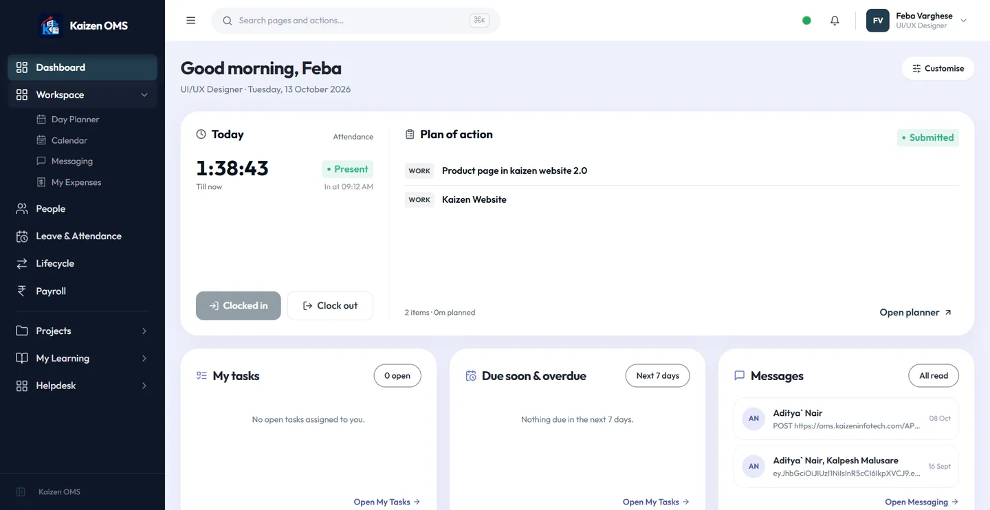 Organisation Management System dashboard showing the workspace, attendance, plan of action, tasks, and messaging in one platform.